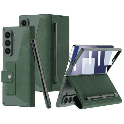 Galaxy Z Fold7 5G GKK Armor Flip Leather Case with Pen Slot - Green - 1