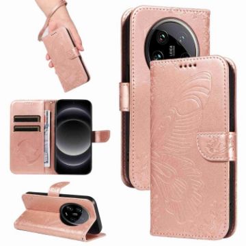 Xiaomi 14 Ultra Rose Gold Swallowtail Butterfly Embossed Leather Case - 1