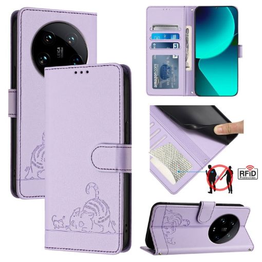 Xiaomi 14 Ultra 5G Purple Cat Rat Embossed RFID PU Case with Strap - 1