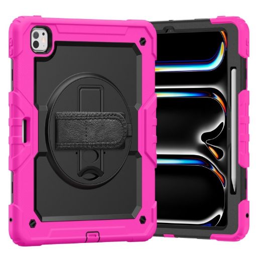 iPad Pro 13 2024 Silicone Hybrid Case with Strap - Black/Rose Red - 1