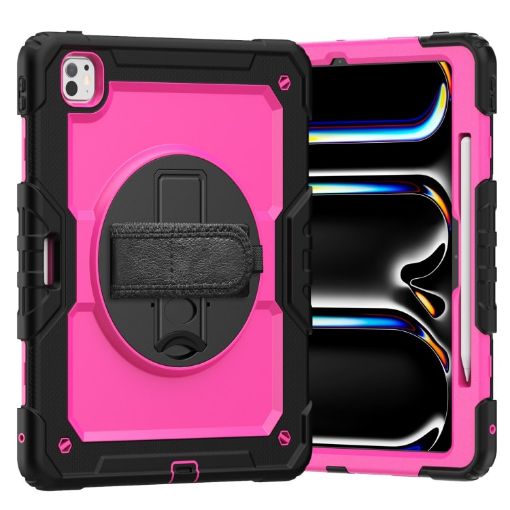 iPad Pro 13 2024 Silicone Hybrid Case with Strap - Rose Red/Black - 1