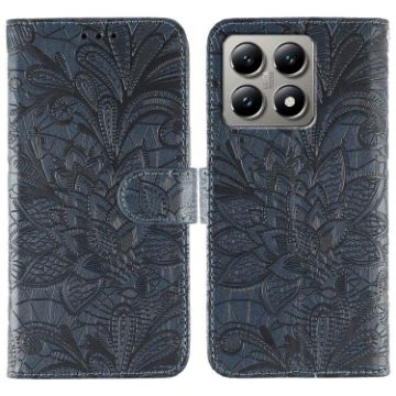 Xiaomi 14T Dark Blue Lace Flower Embossing Flip Leather Phone Case - 1