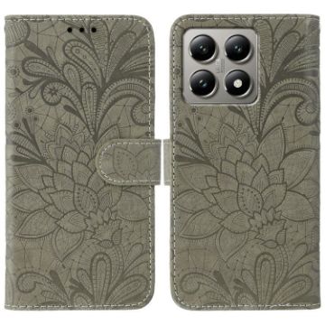 Xiaomi 14T Pro Grey Lace Flower Embossing Flip Leather Phone Case - 1