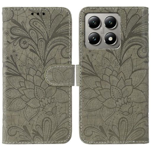 Xiaomi 14T Pro Grey Lace Flower Embossing Flip Leather Phone Case - 1