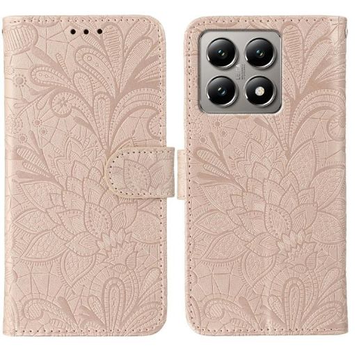 Xiaomi 14T Pro Rose Gold Lace Flower Embossing Flip Leather Case - 1