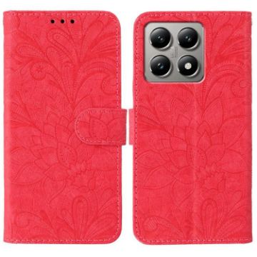 Xiaomi 14T Pro Red Lace Flower Embossing Flip Leather Phone Case - 1