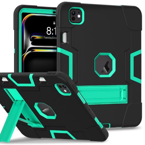 iPad Pro 13 2024 Black Mint Green Silicone Acrylic Case with Holder - 1