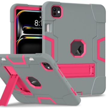 iPad Pro 13 2024 Grey Rose Red Silicone Acrylic Case with Holder - 1