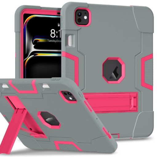 iPad Pro 13 2024 Grey Rose Red Silicone Acrylic Case with Holder - 1