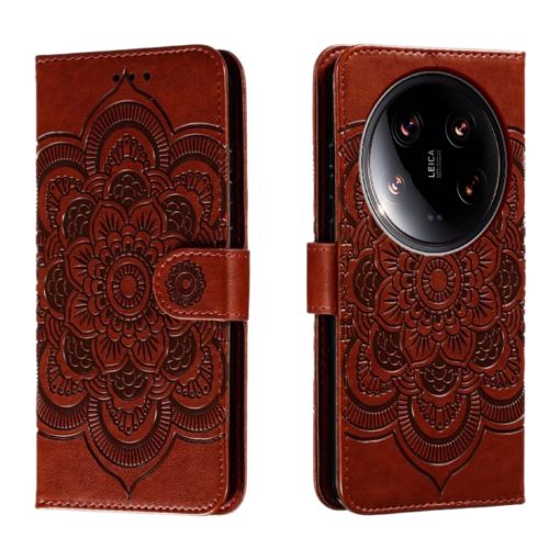 Xiaomi 14 Ultra Brown Leather Case - Sun Mandala Embossing Pattern - 1