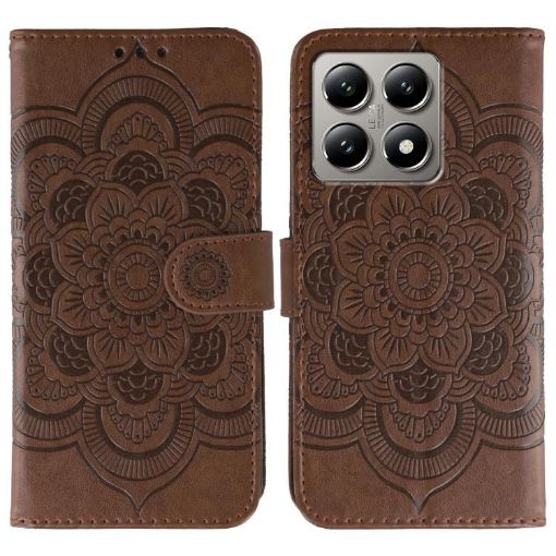 Xiaomi 14T Pro Brown Sun Mandala Embossed Leather Phone Case - 1
