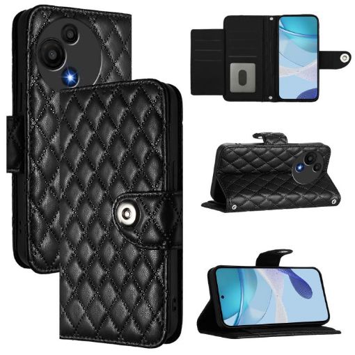 TCL 60 SE NxtPaper/605 Rhombic Flip Leather Case with Lanyard - Black - 1
