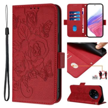 Realme Narzo 80/14 Pro 5G India Red Embossed Rose RFID Leather Case - 1