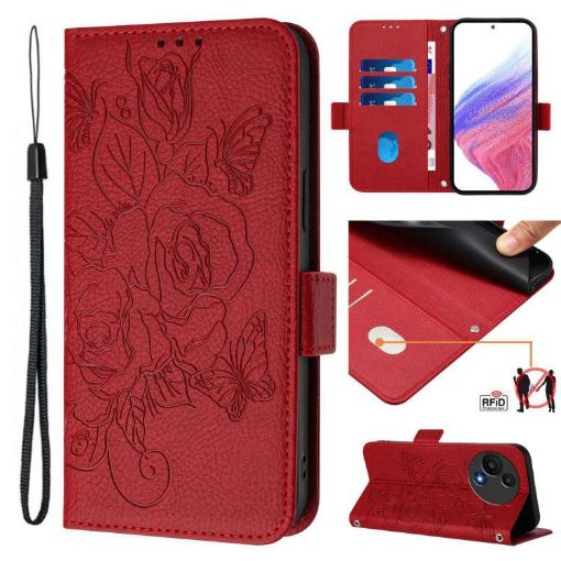 TCL 605/60 SE Red Embossed Rose RFID Anti-theft Leather Phone Case - 1