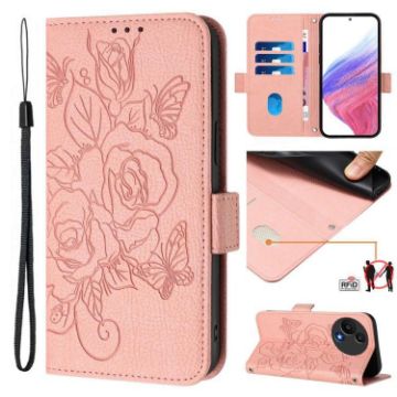 TCL 605/60 SE Pink Embossed Rose RFID Anti-theft Leather Phone Case - 1