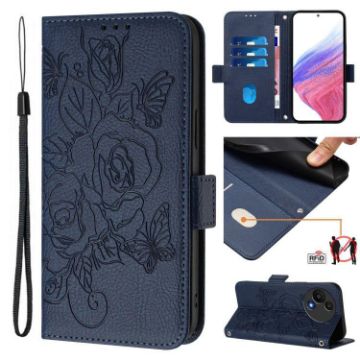 TCL 605/60 SE Dark Blue Embossed Rose RFID Anti-theft Leather Case - 1
