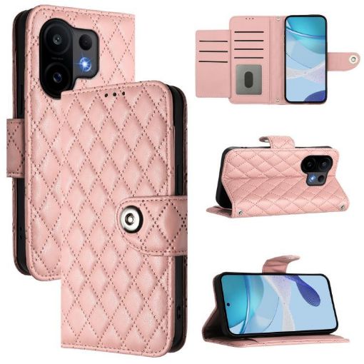 Vivo S30 Coral Pink Rhombic Texture Flip Leather Case with Lanyard - 1