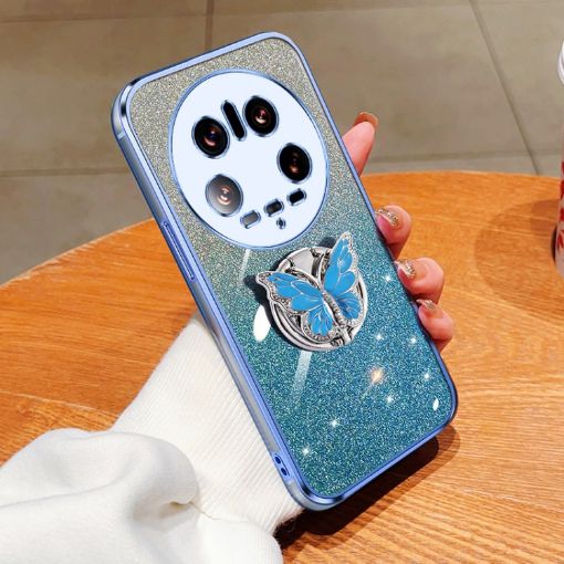 Xiaomi 14 Ultra Sierra Blue Glitter Butterfly Holder TPU Case - 1