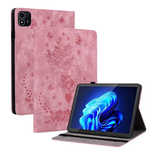 itel Pad One 10.1 Pink Butterfly Rose Embossed Leather Tablet Case - 1