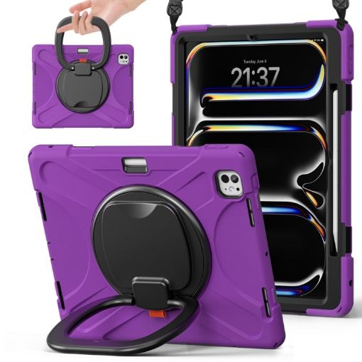 iPad Pro 13 2024 Purple Silicone Hybrid Case with Holder & Strap - 1