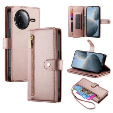 Redmi K80/K80 Pro Pink Leather Phone Case with Nine Card Slots & Zipper - 1