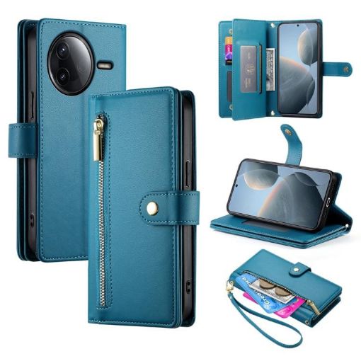 Redmi K80/K80 Pro Leather Phone Case with Nine Card Slots - Blue Wallet Bag - 1