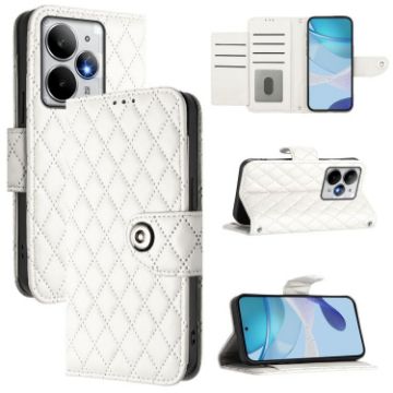 Realme Neo7 Turbo 5G White Rhombic Texture Flip Leather Case with Lanyard - 1