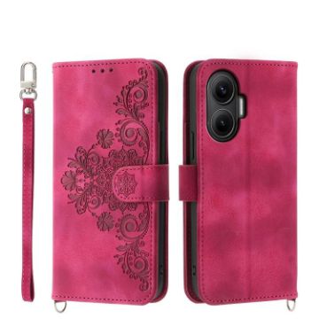 Redmi Turbo 4 Pro/Poco F7 Wine Red Floral Embossed Leather Wallet Case - 1