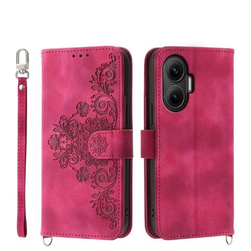 Redmi Turbo 4 Pro/Poco F7 Wine Red Floral Embossed Leather Wallet Case - 1