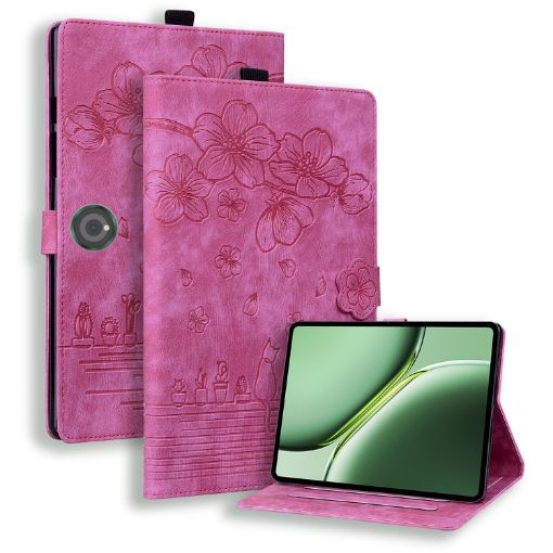 OnePlus Pad/Pad Pro 12.1 Cartoon Sakura Cat Leather Case - Rose Red - 1