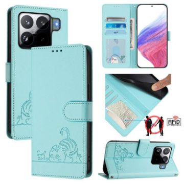 Xiaomi 15S Pro 5G Mint Green Cat Rat Embossed RFID Leather Case - 1