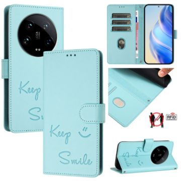 Xiaomi 14 Ultra Mint Green RFID Leather Phone Case - Smile Embossing - 1