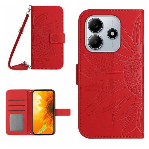 Redmi Note 14 5G Sunflower Embossed Flip Leather Case with Lanyard Red - 1