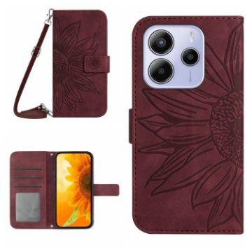 Redmi Note 14 4G EU Sunflower Embossed Flip Leather Case Wine Red - 1