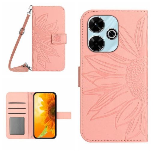 Redmi 13x Pink Sunflower Embossed Flip Leather Case with Lanyard - 1