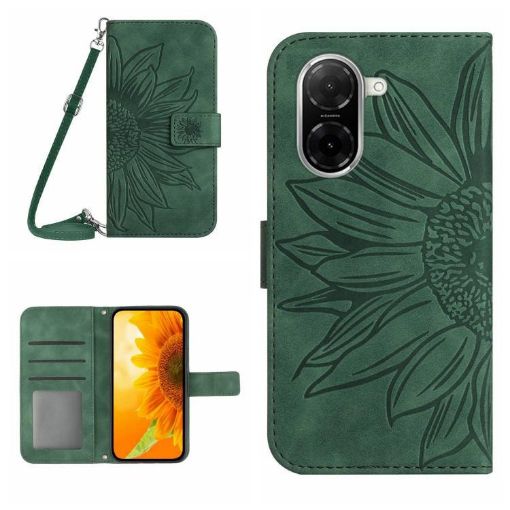 Redmi A5 4G Green Sunflower Embossed Flip Leather Case with Lanyard - 1