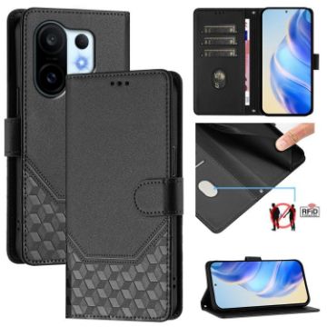 Vivo S30 Pro Mini Honeycomb Embossing RFID Leather Case - Black - 1