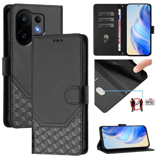 Vivo S30 Black Honeycomb Embossing RFID Leather Phone Case - 1