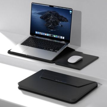 13-14" Black Multifunctional Laptop PU Magnetic Stand Bag with Mouse Pad - 1