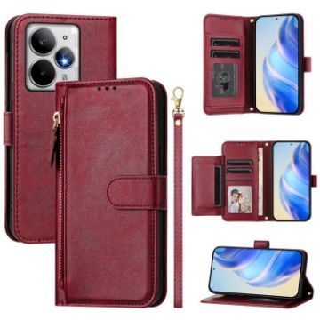 Realme Neo7 Turbo Dark Red Leather Phone Case with Multi-Card Slots - 1