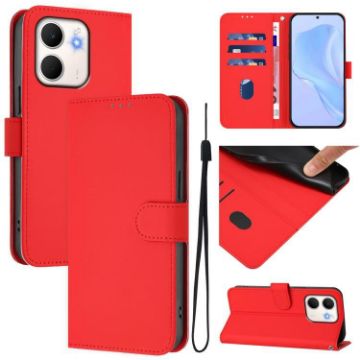 OPPO A5X 4G/5G Leather Phone Case with Lanyard - Red, Skin Feel - 1