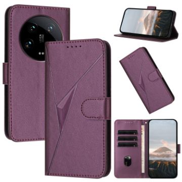 Xiaomi 14 Ultra Leather Phone Case - Triangle Pattern, Dark Purple - 1