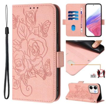 OPPO A5x 5G/4G Embossed Rose RFID Anti-theft Leather Case Pink - 1