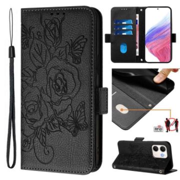 OPPO A5x 5G/4G Global Embossed Rose RFID Leather Case (Black) - 1