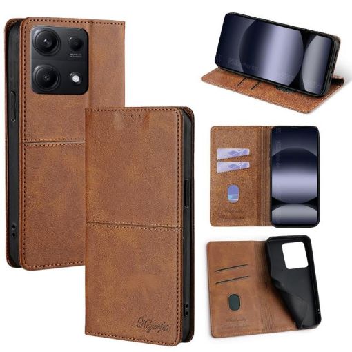 Redmi Note 14S 4G Cow Texture Magnetic Leather Case Light Brown - 1