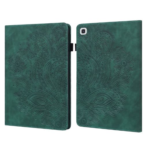 Samsung Galaxy Tab A7 T500 Green Peacock Embossed Flip Leather Case - 1