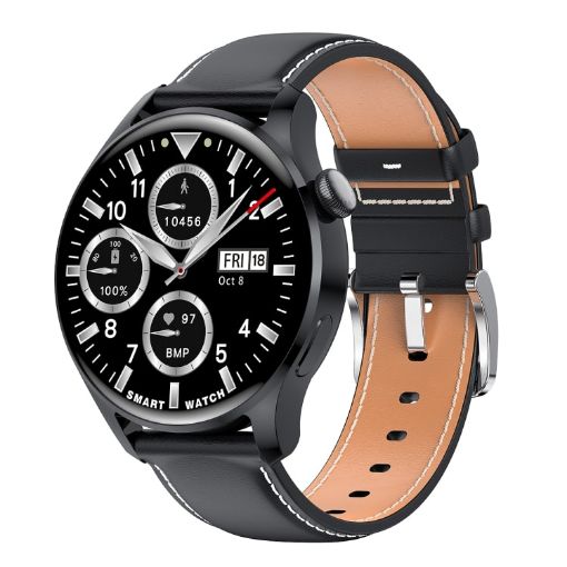 M103 1.35" IPS Smart Watch, IP67 Waterproof, Leather Strap, Black - 1
