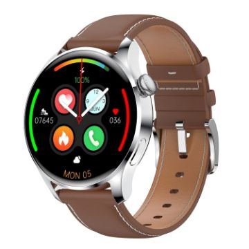 M103 1.35" IPS Smart Watch, IP67 Waterproof, Leather Strap, Brown - 1