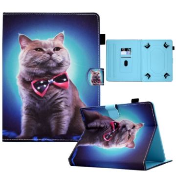 7" Tablet Case with Pen Slot - Bow Tie Cat Design, Leather Cover - 1