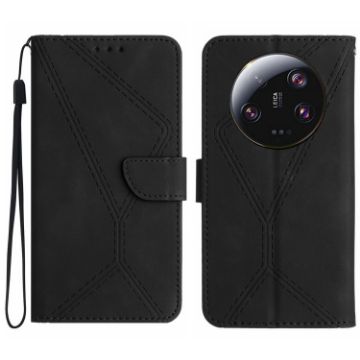 Xiaomi 14 Ultra Black Embossed Leather Phone Case - Stitching Design - 1